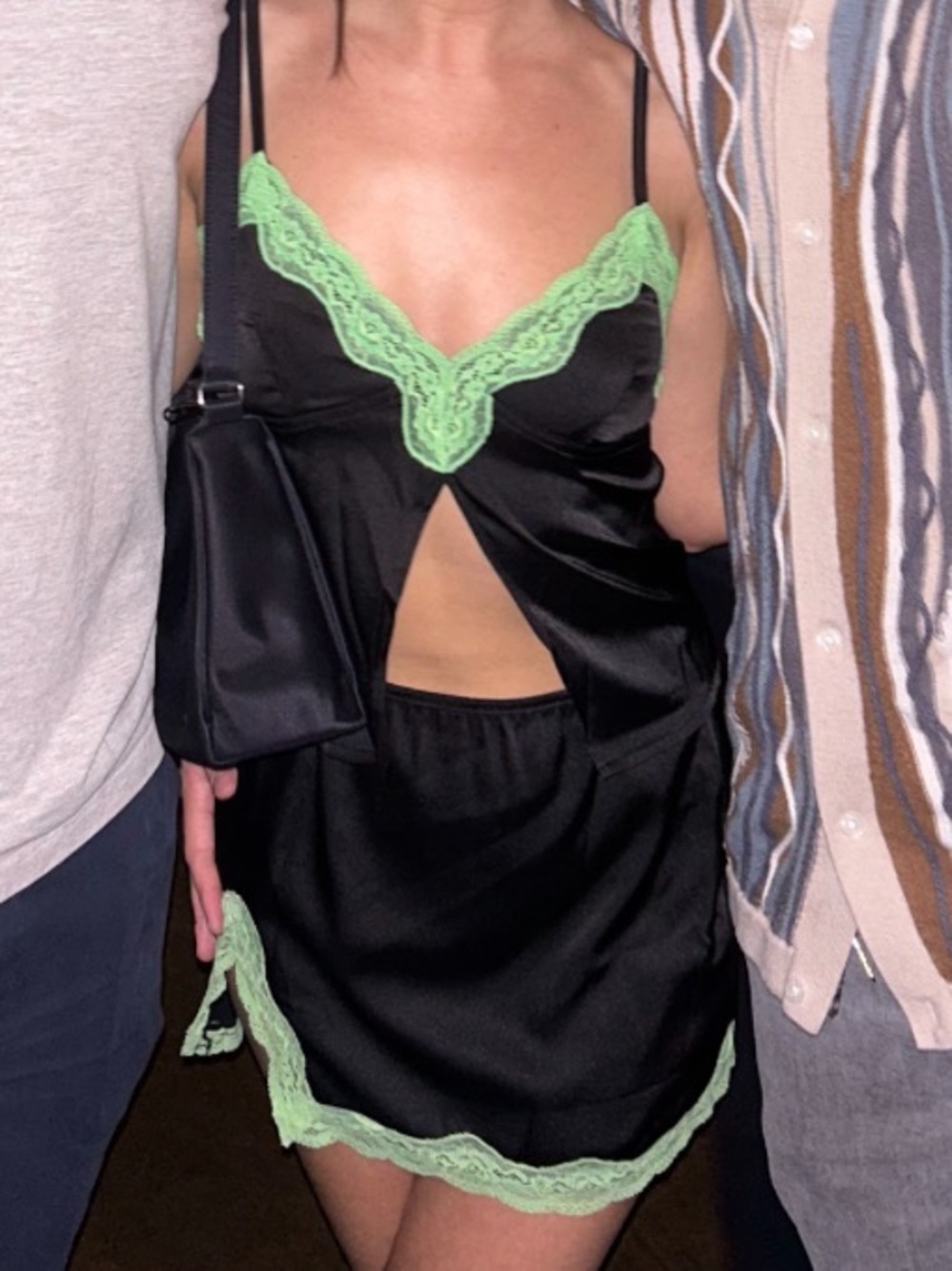 Edikted Black Satin Slip Set with Lime Green Lace Trim
